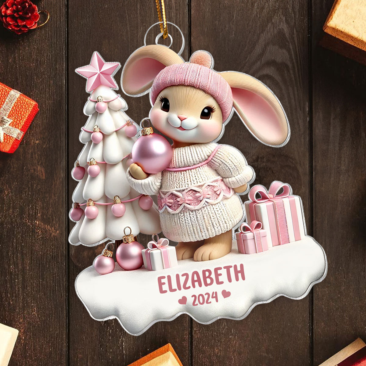 3D Effect Bunny Kid Girl Boy Christmas Personalized Acrylic Ornament, Christmas Gift For Son, Daughter, Grandson, Granddaughter, Children