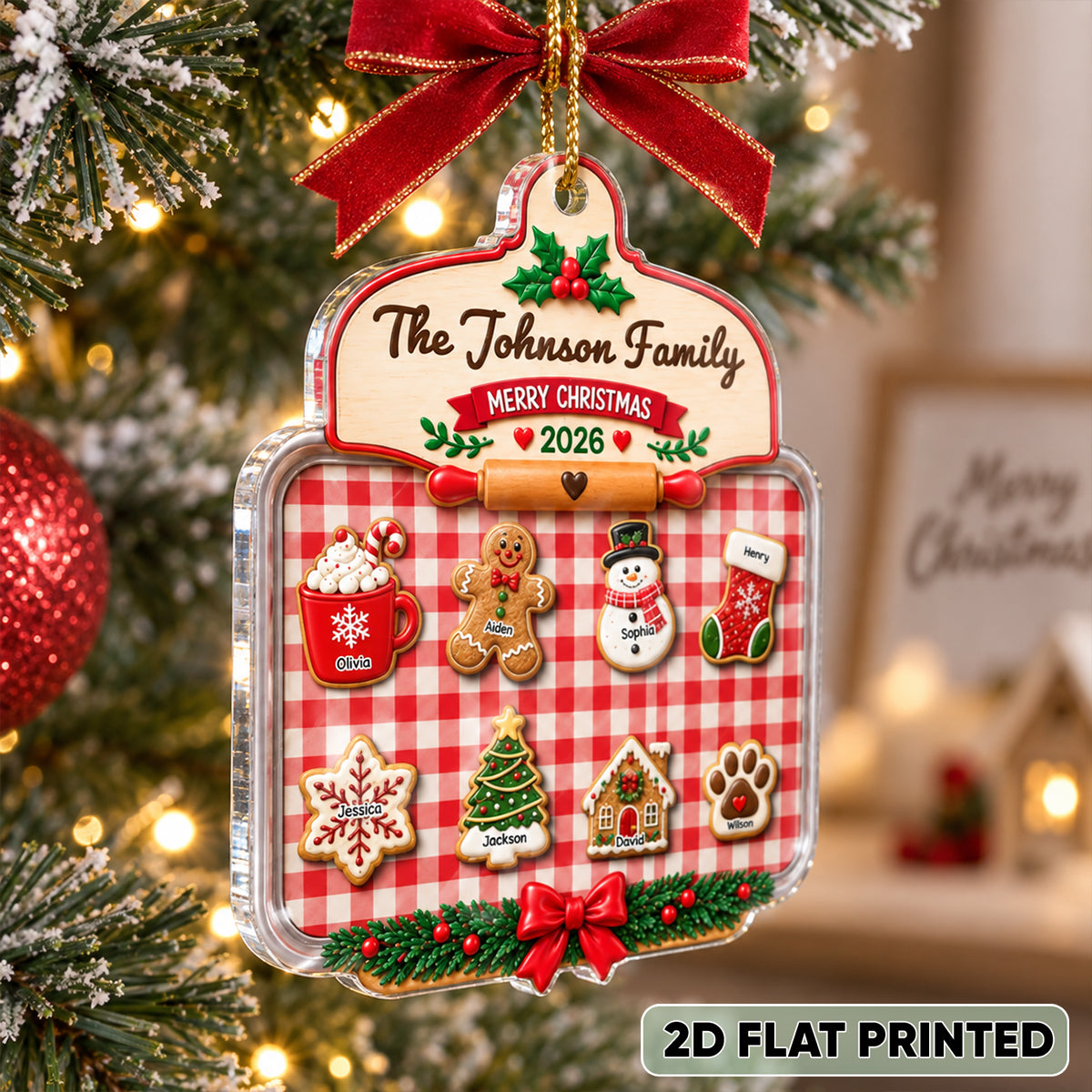 Family Cookie Plaid Pattern - Personalized Acrylic Ornament - Christmas Gift for Children