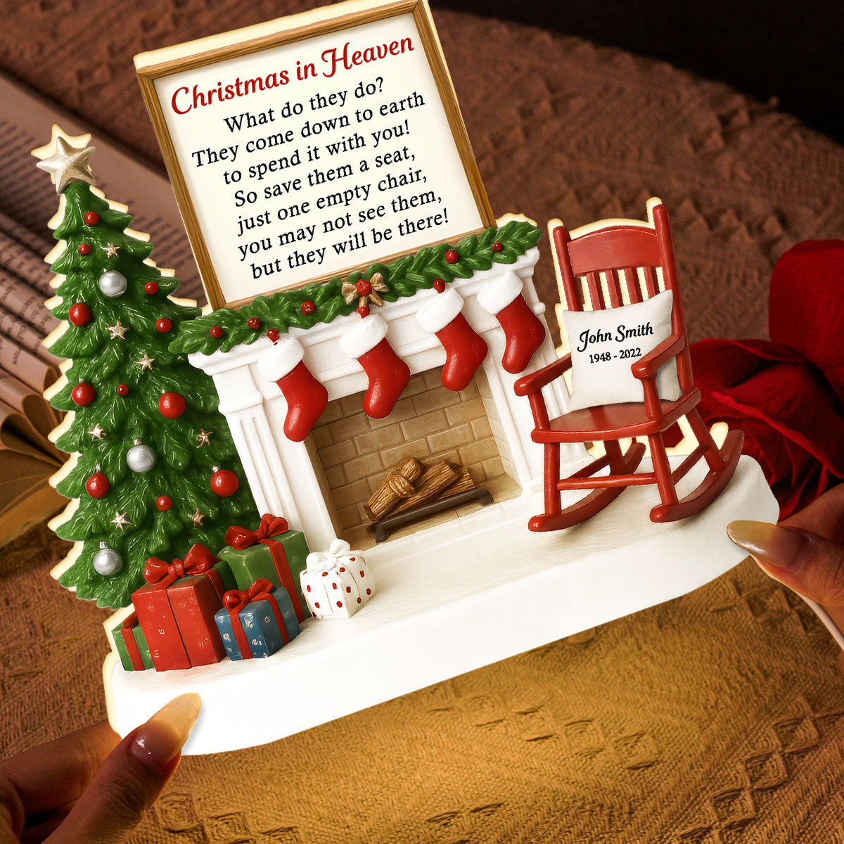 3D Effect Christmas In Heaven Chair At Fireplace - Personalized Light Box - Christmas Memorial Keepsake For Family