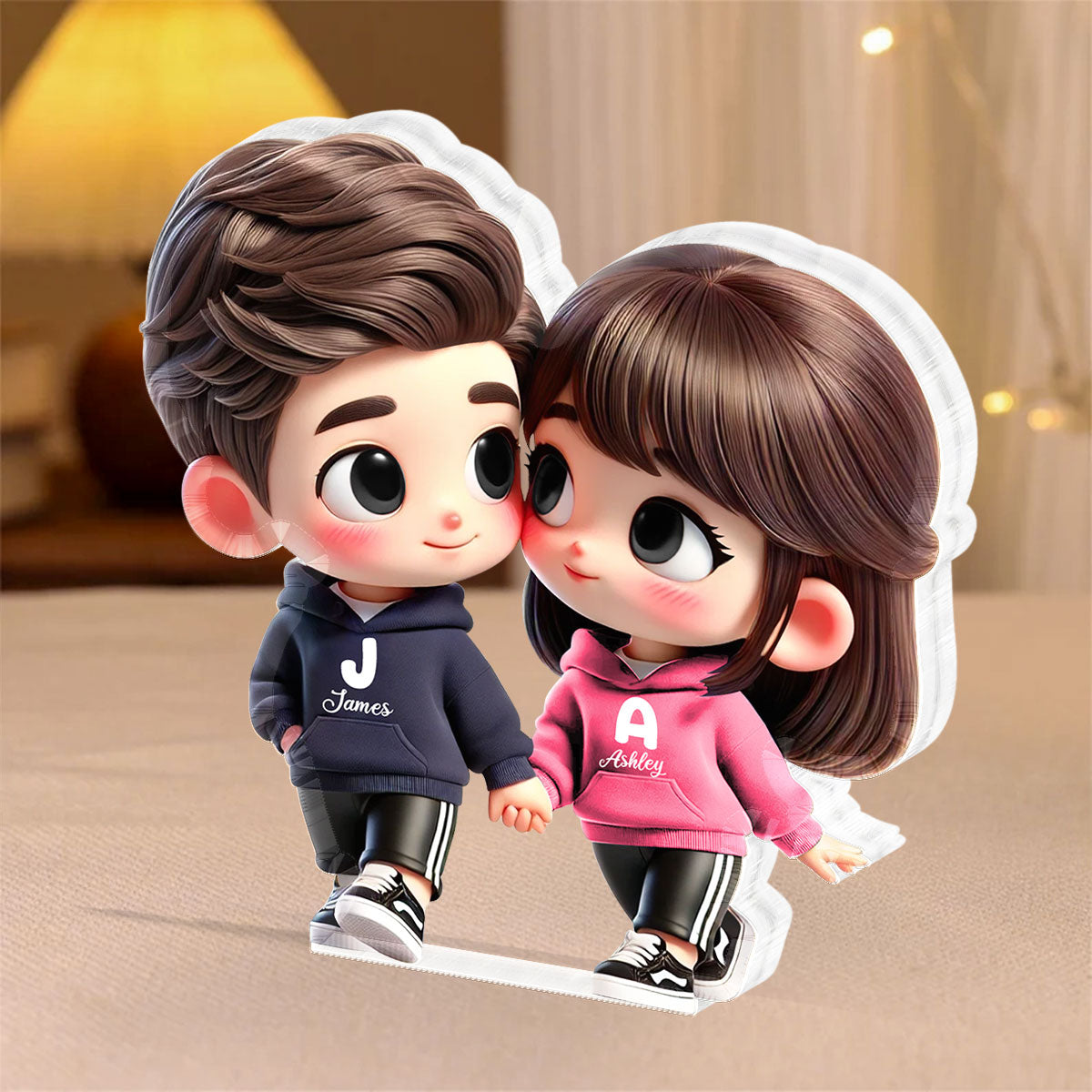 3D Effect Cute Cartoon Couple Holding Hands Personalized Acrylic Block Plaque, Anniversary &  Gift for him, Gift for her