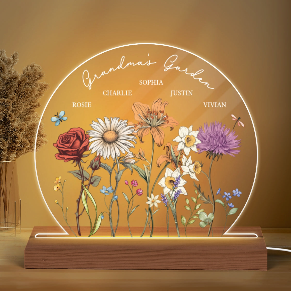 Grandma's Garden Birth Month Flower Personalized Circle LED Night Light, Christmas Gift For Mom, Gift For Grandma