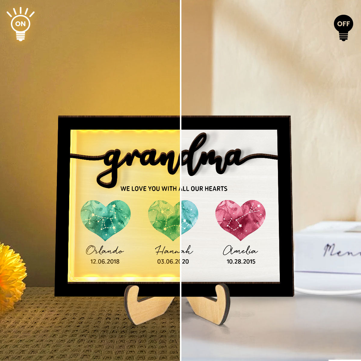 Birthstone Constellations Personalized 2-Layer Wooden Plaque With LED, Gift, Grandparents Day Gift, Gift for Her, Mom Gift, For Grandma