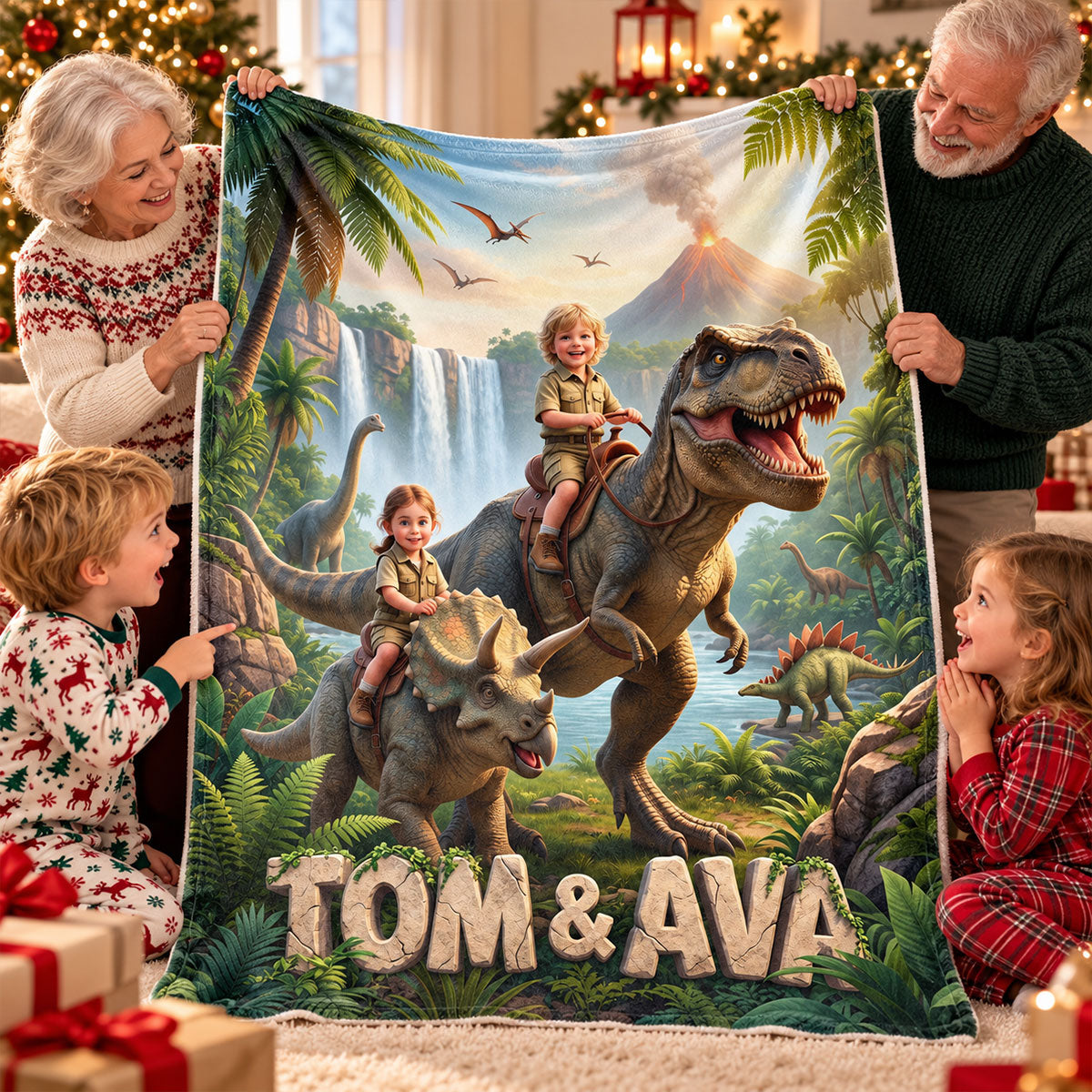 Kid Riding Dinosaur Custom Portrait from Photo - Personalized Fleece Blanket - Christmas Gift for Son, Daughter, Grandkids