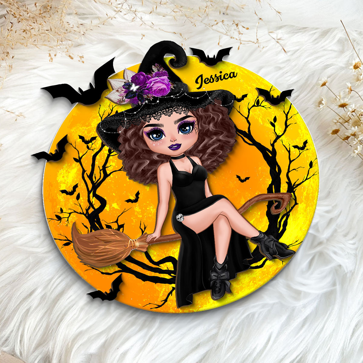 Halloween Witch Sitting On Broom Personalized 2-Layer Wooden Plaque, Halloween Decoration