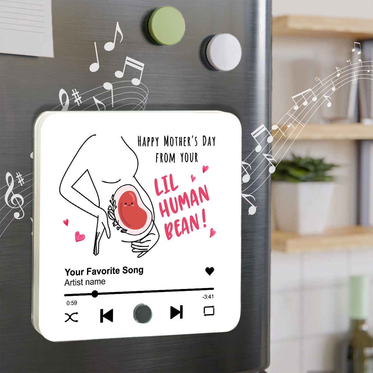 Lil Human Bean Personalized Music Fridge Magnet, Perfect Gift For Pregnant Wife, Custom Favorite Song As Messages