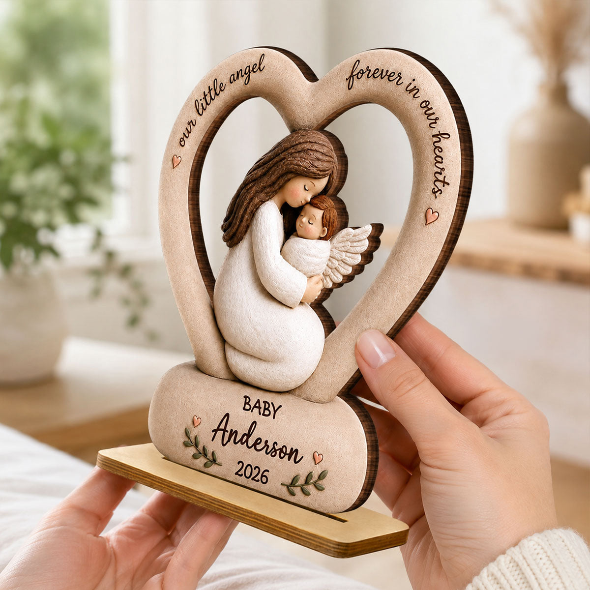 Our Little Angel Forever In Our Hearts - Personalized 2-Layered Wooden Plaque - Memorial Gift