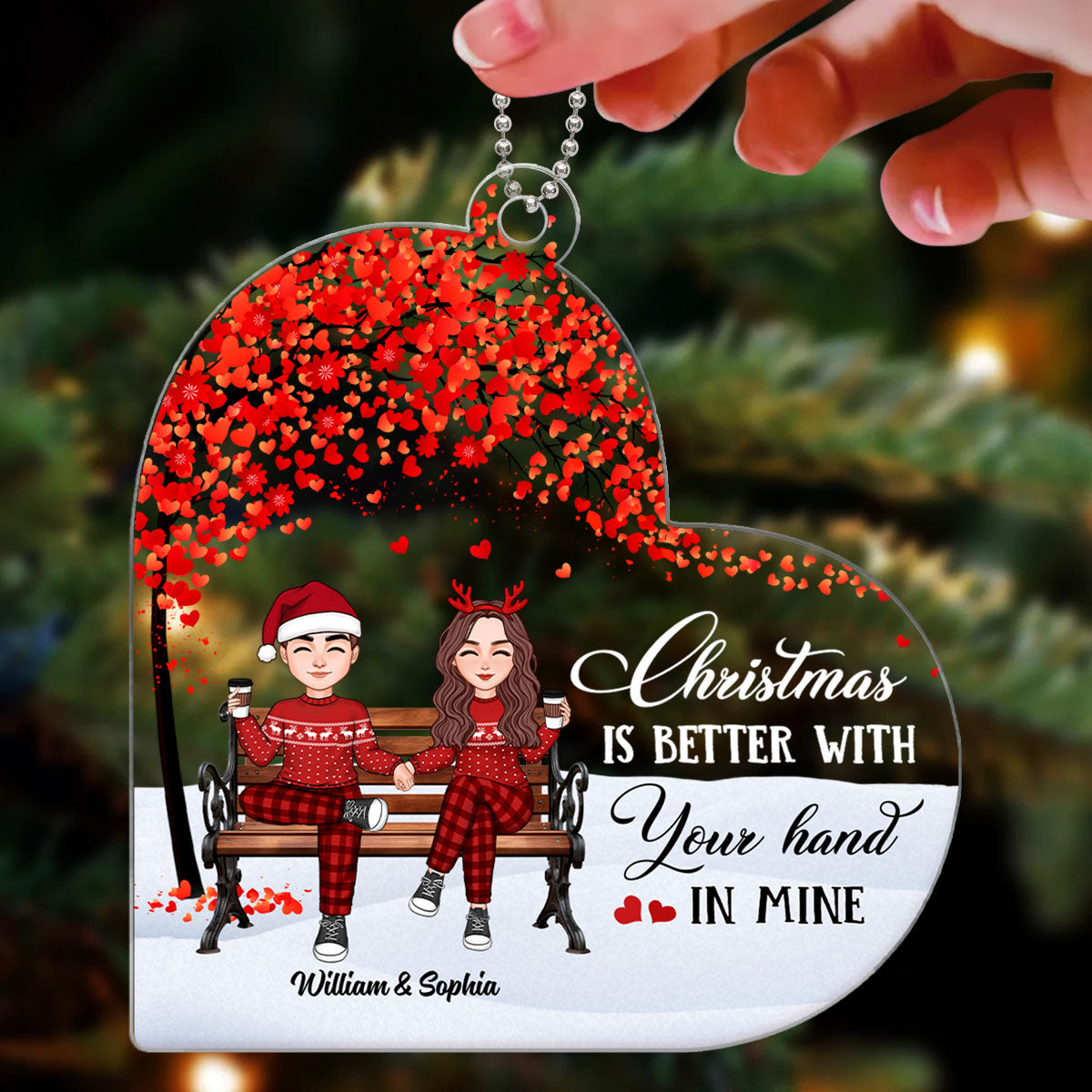 Cute Couple Sitting Under Tree Personalized Heart Shaped Acrylic Ornament
