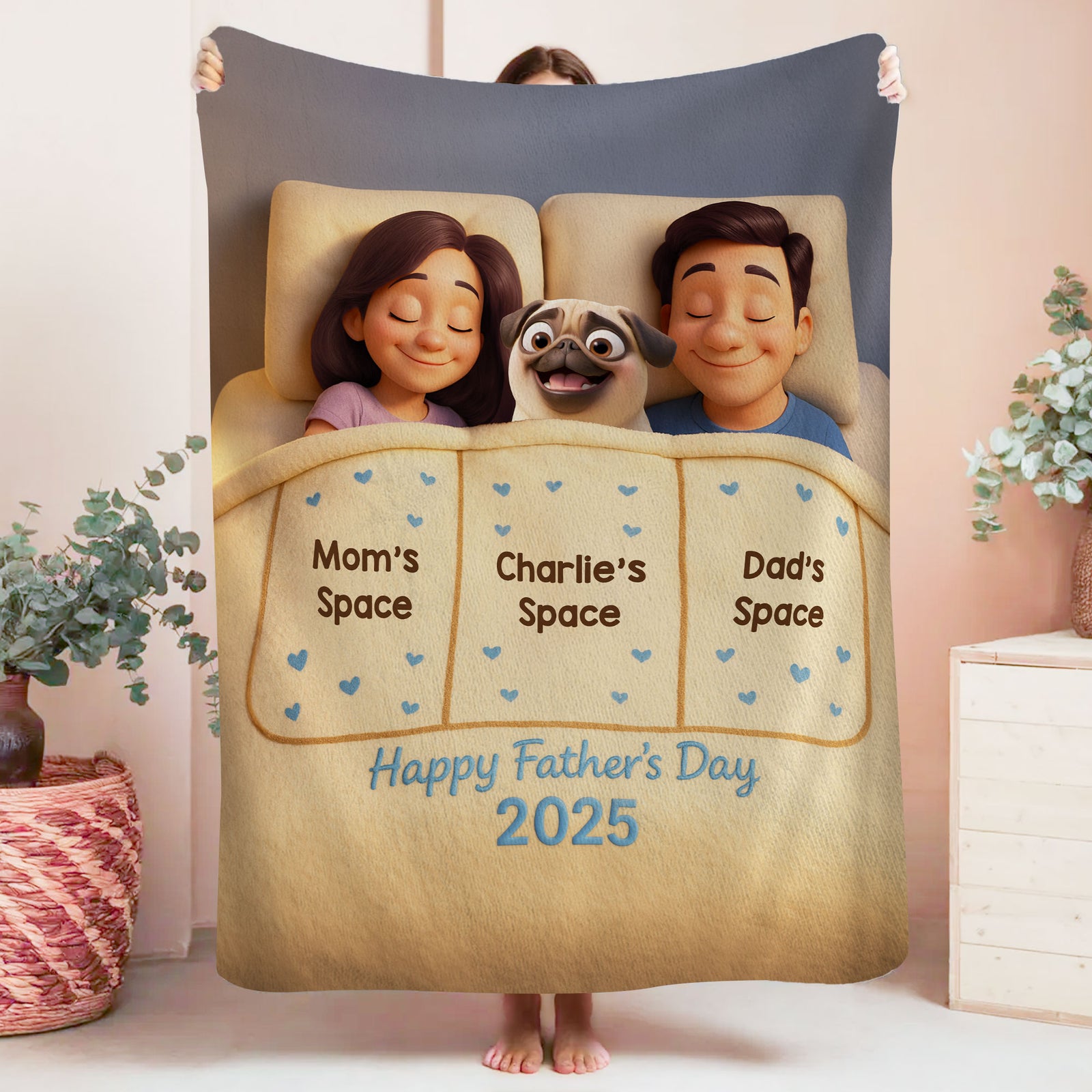 Funny Cute Cartoon Dogs In Bed Personalized Fleece Blanket, Father's Day Gift for Dog Dads