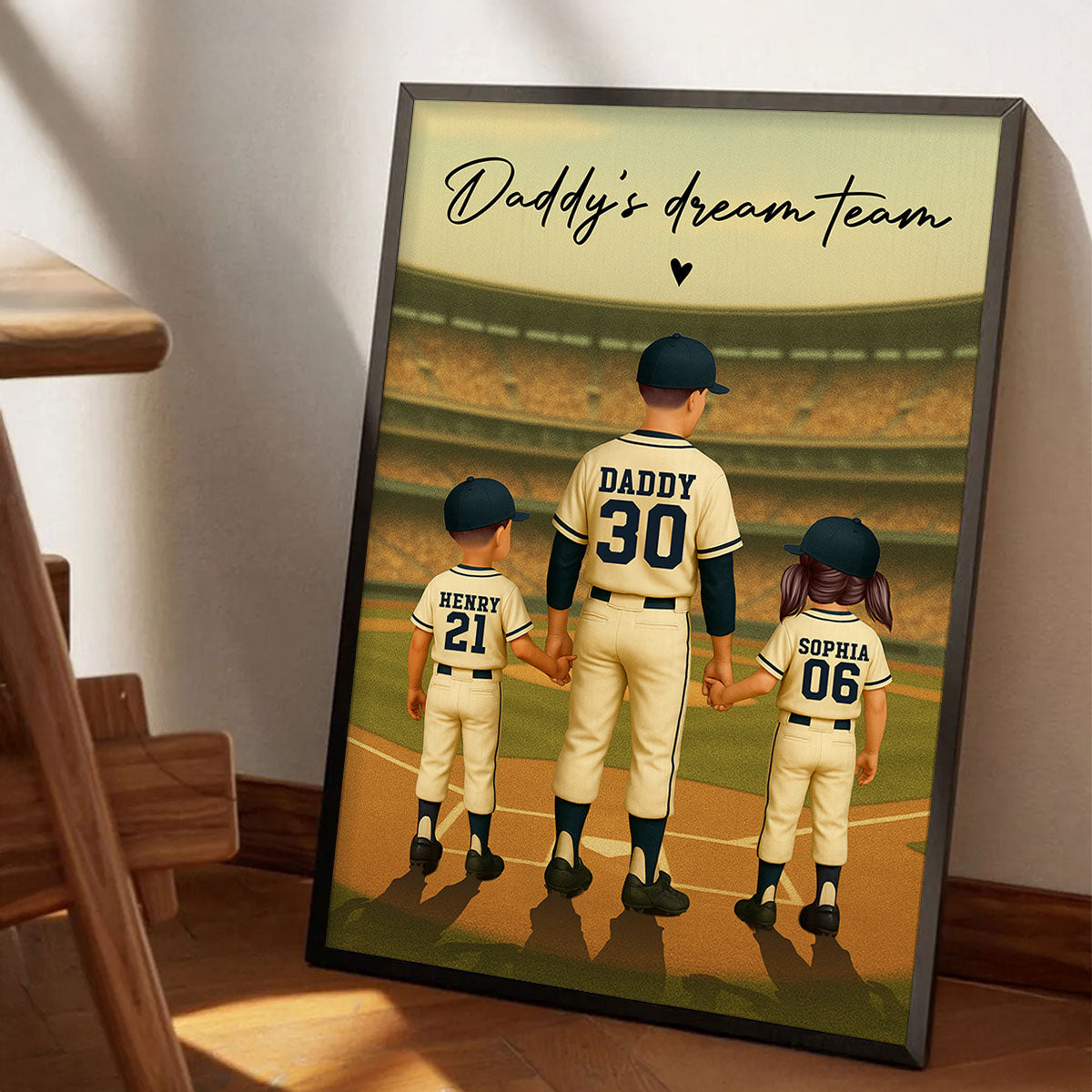Daddy's Dream Team No. 1 Dad Man & Kids Baseball Retro Personalized Poster