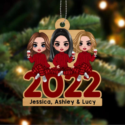 Besties Best Friends Sisters Sitting 2022 Christmas Personalized Wooden Ornament