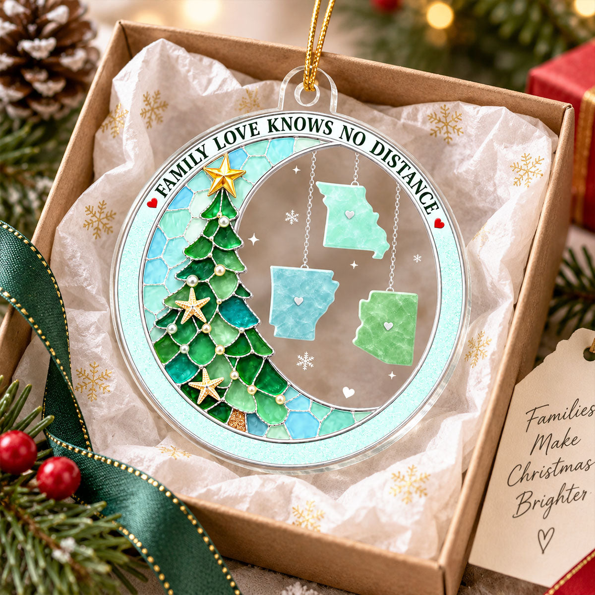Family Love Knows No Distance State Hanging 2D Flat - Personalized Acrylic Ornament - Long Distance Gift