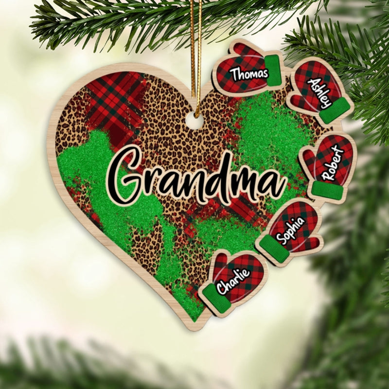 Grandma Grandkids Christmas Gloves Checkered Heart Personalized Wooden Ornament