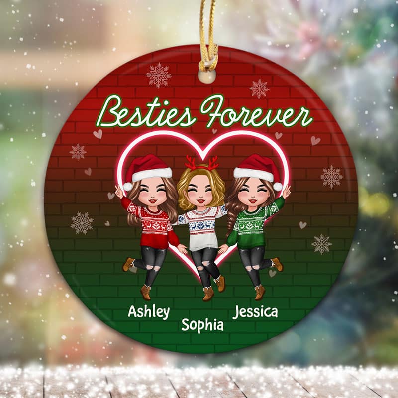 Neon Heart Happy Doll Besties Sisters Christmas Personalized Circle Ornament