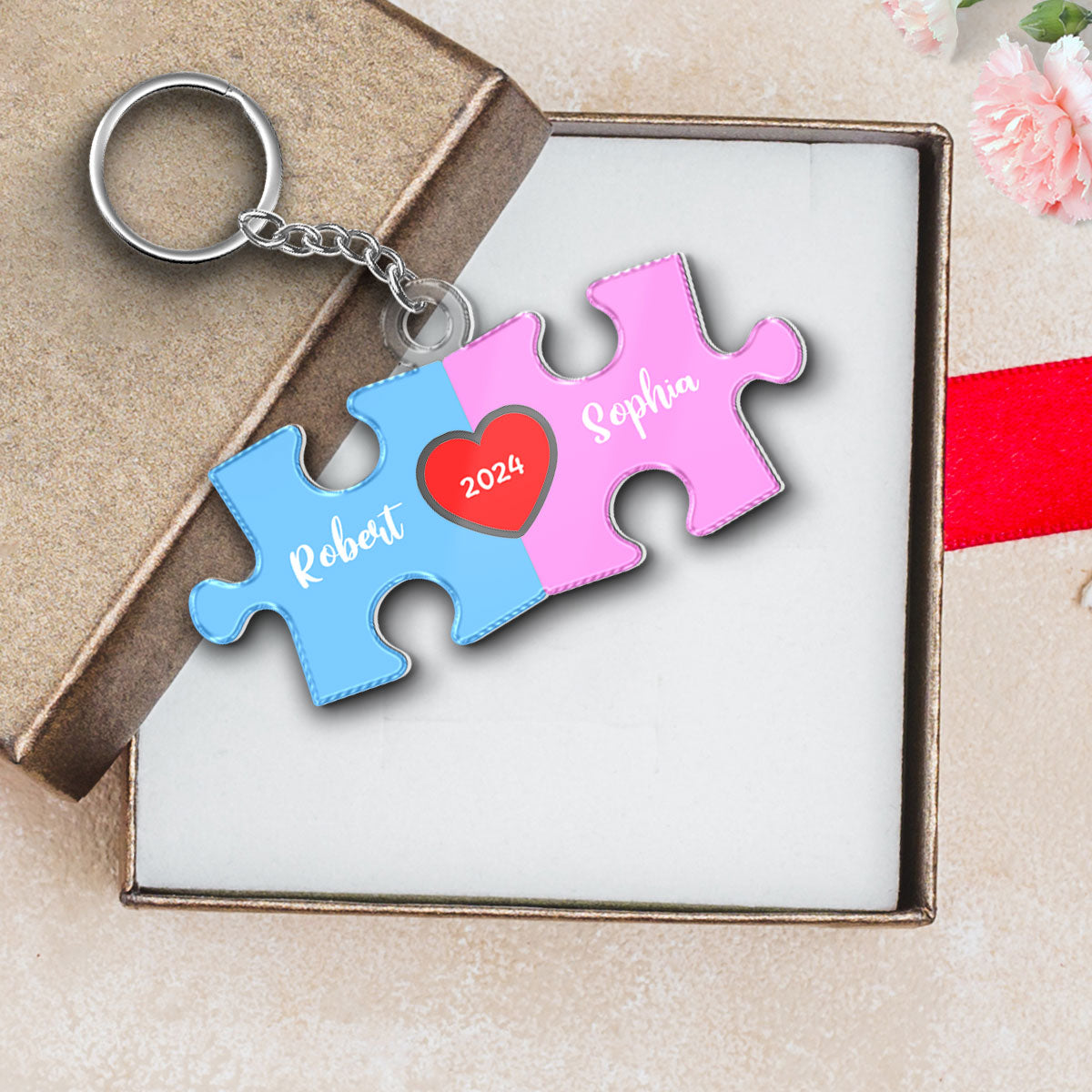 Love Is The Piece That Holds Us Together Acrylic Keychain, Personalize Couple Puzzle Name Sign,  Gift For Him, For Her, Wedding Gift