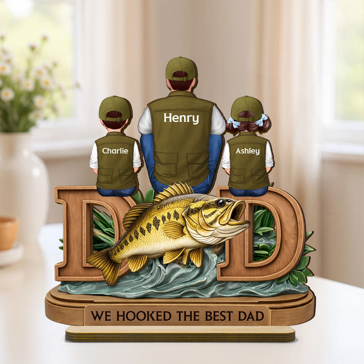 Fishing Dad And Kids Sitting Together - Personalized 2-Layered Wooden Plaque - Heartfelt Gift For Dad, Gift For Husband