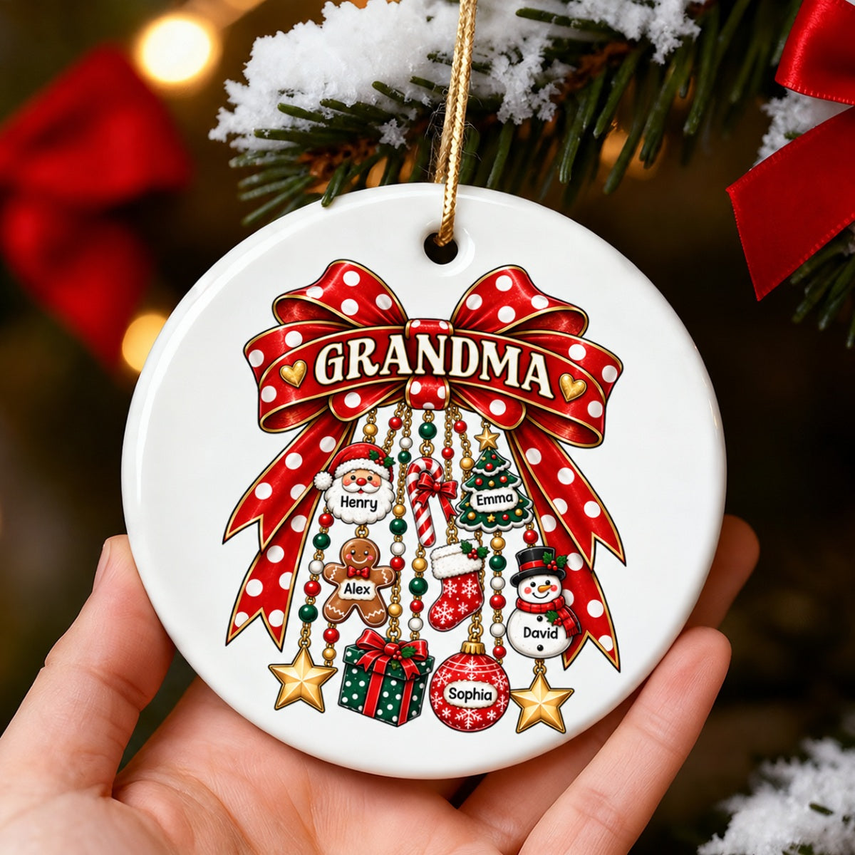 Grandma Retro Christmas Charm Bow - Personalized Ceramic Ornament - Trendy Christmas Ornament for Grandma