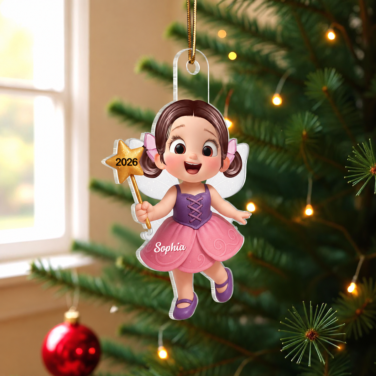 3D Effect Cute Cartoon Fairy Kid Christmas Personalized Acrylic Ornament, Beautiful Gift For Grandkids