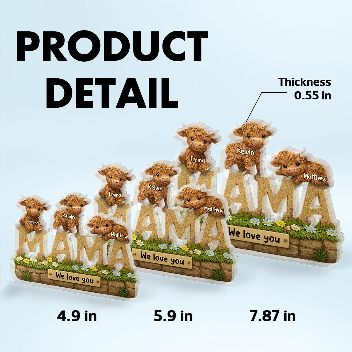 3D Effect Mama Cute Highland Cow Kids Names Personalized Flat Acrylic Block Plaque, Gift For Mom, Grandma