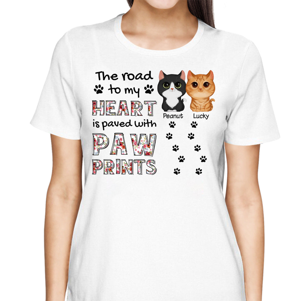 The Road To My Heart Is Paved With Paw Prints Watercolor Cute Cat Face Cat Mom Personalized Shirt