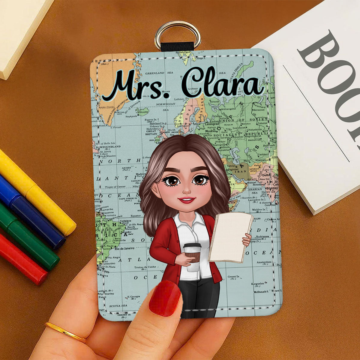 World Map Adventure Themed Teacher Personalized ID Badge Holder, Back To School Gift