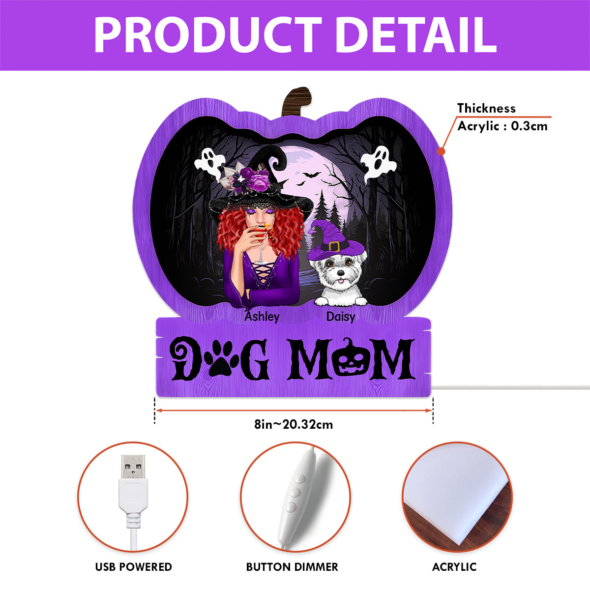 Halloween Dog Mom Personalized Light Box With 7 LED Colors, Spooky Halloween Decoration