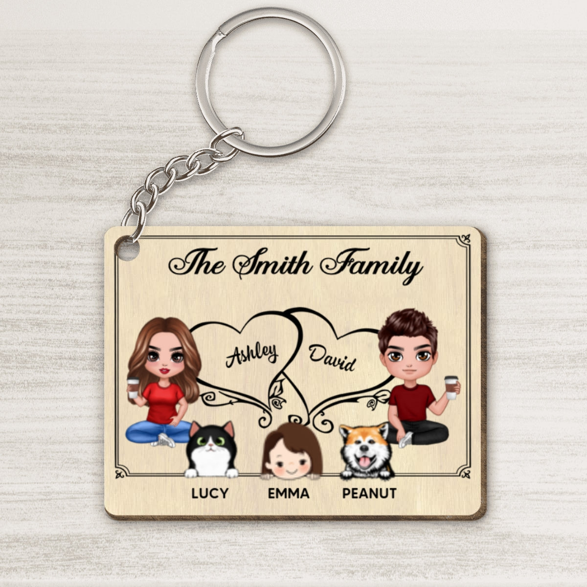 Whole Family Doll Couple Dad Mom Peeking Kids Dogs Cats Personalized Wooden Keychain