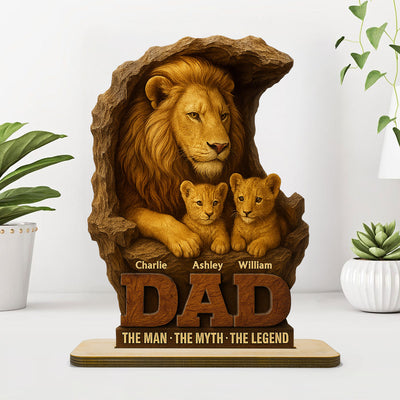 Lion Dad And Kids Personalized 2- Layer Standing Wooden Plaque, Unique Father's Day Gift For Dad
