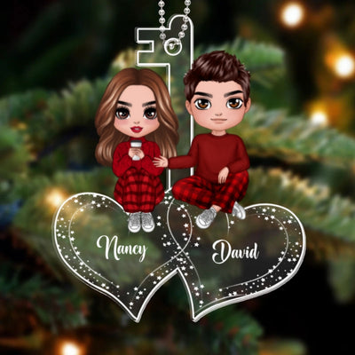 Couple Sitting On Hearts Personalized Christmas Acrylic Ornament