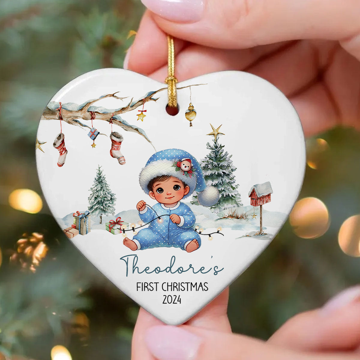Watercolor Woodland Baby's First Christmas Personalized Heart Shaped Ceramic Ornament, Christmas Gift Keepsake for New Mom New Dad