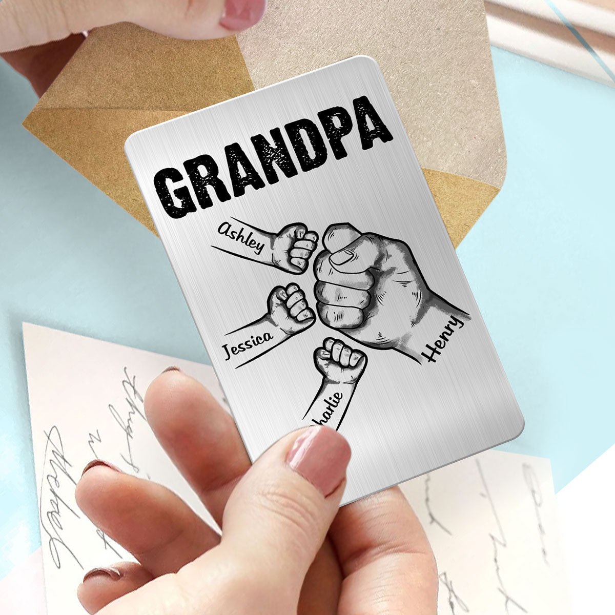 Grandpa Dad Fist Bump Hands Gift For Dad Grandpa Personalized Metal Wallet Card