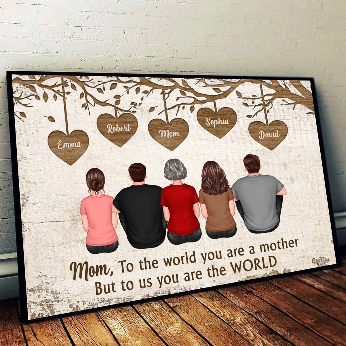Back View Mom And Daughters Sons Sitting Under Heart Tree Mother‘s Day Gift For Mom Personalized Horizontal Poster