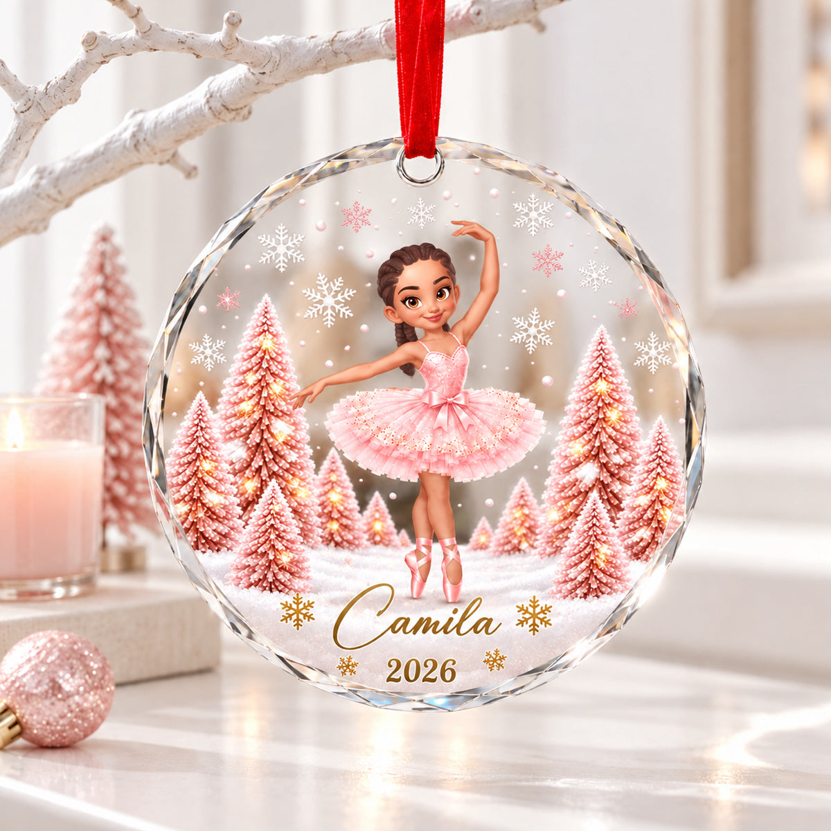 Pink Ballerina 2D Flat - Personalized Glass Ornament – Christmas Gift for Daughter, Granddaughter & Young Dancers