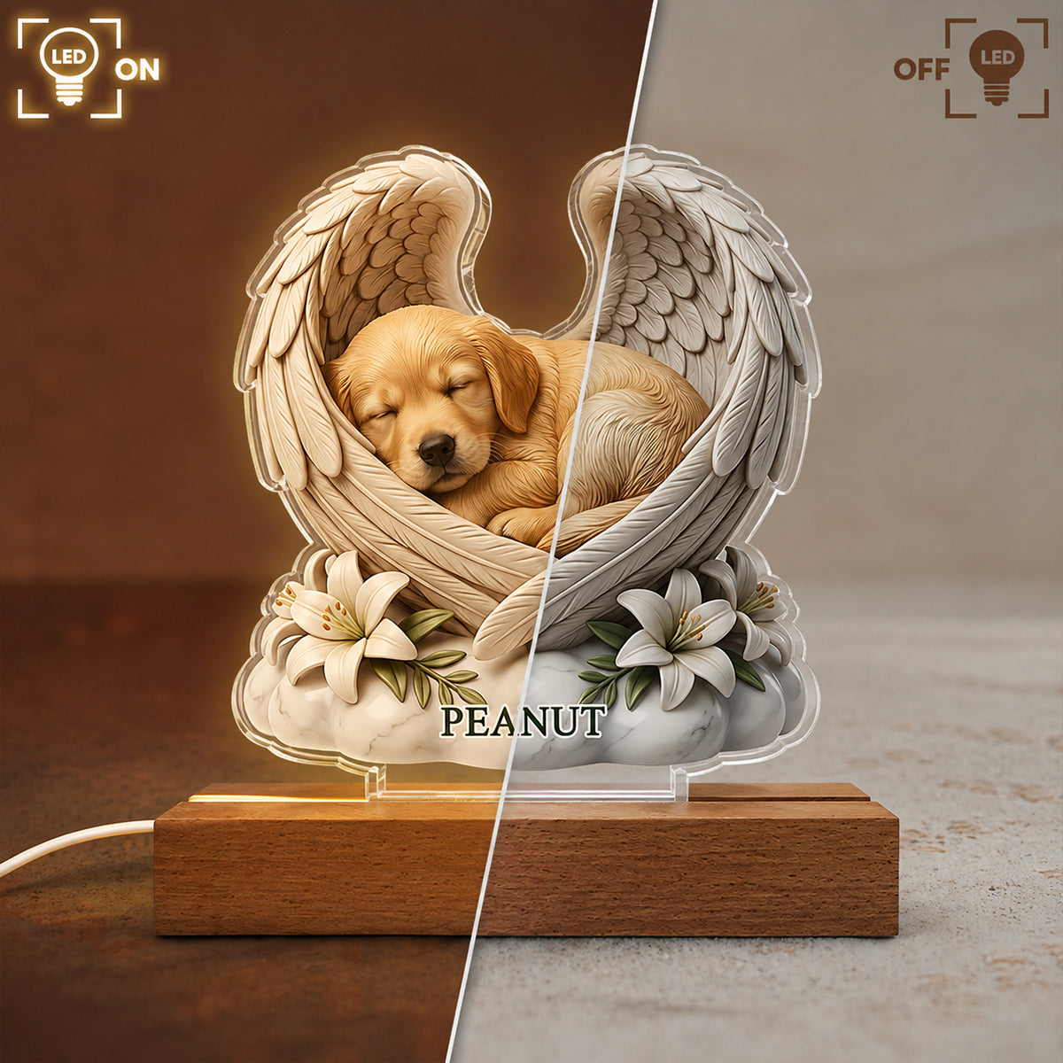 Custom Dog Cat Angel Wings Statue - Personalized Acrylic Block LED Night Light - Heartfelt Pet Memorial Gift