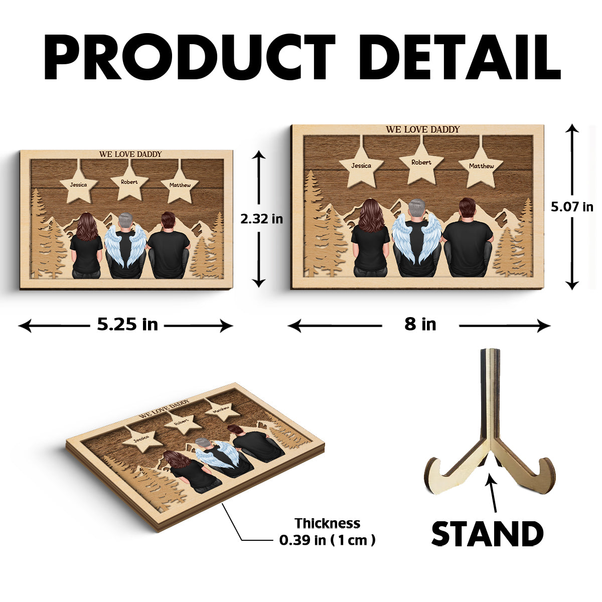 Dad Man Kids Dogs Cats Sitting Back View Forest Stars Personalized 2-Layer Wooden Plaque