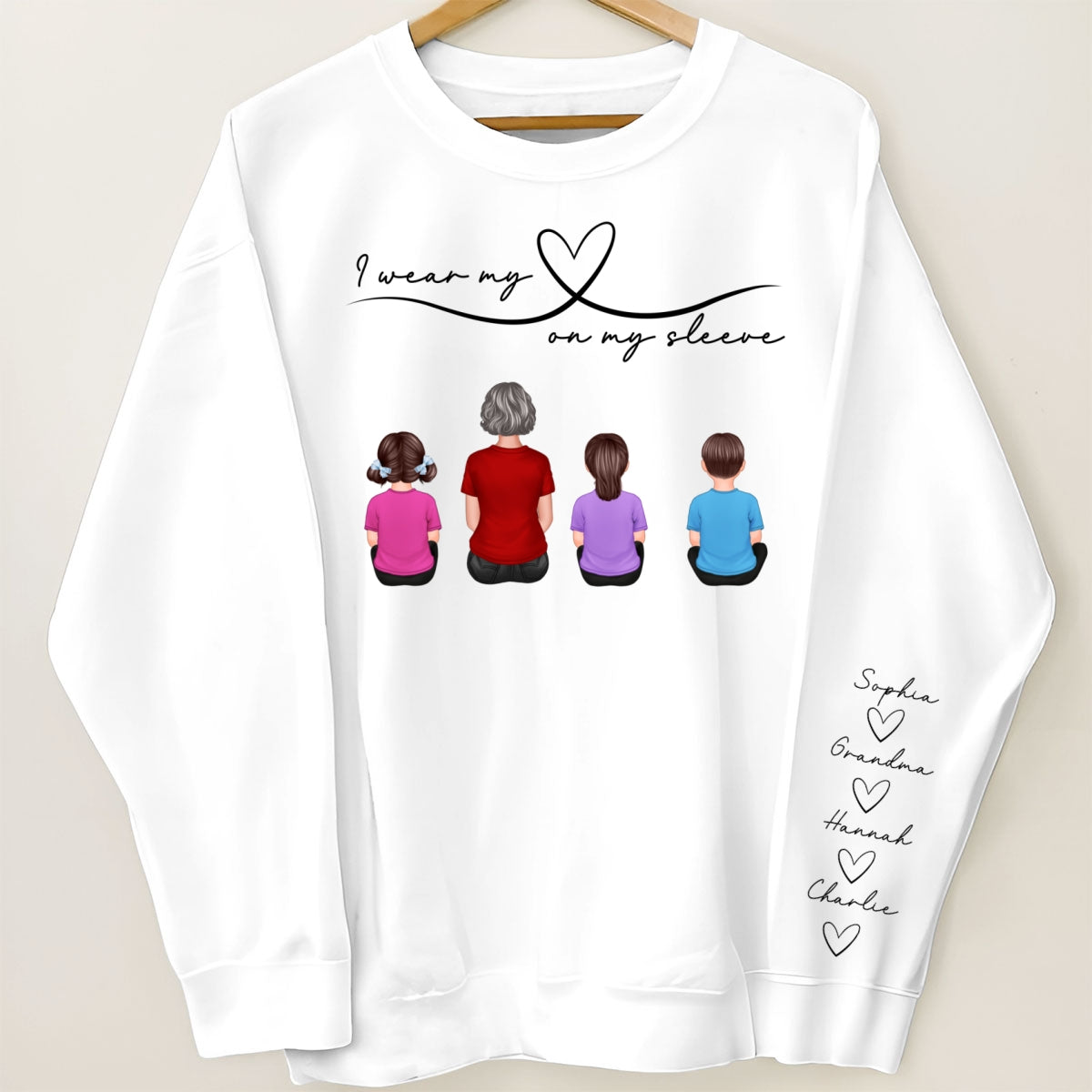 Grandma Mom Wear Her Heart On Her Sleeve, Beautiful Heart Design, Personalized Sleeve Printed Sweatshirt