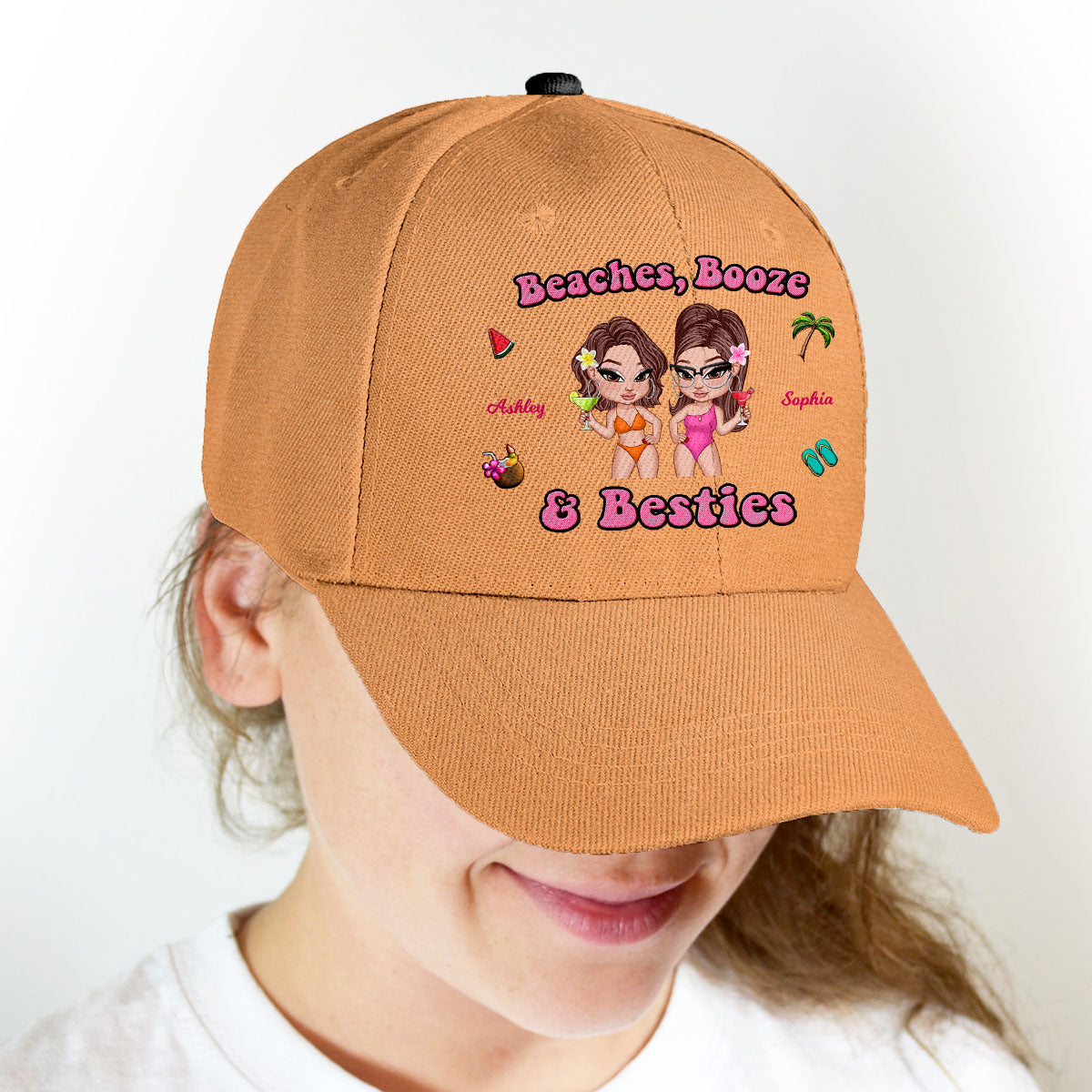 Beaches Booze & Besties, Summer Vibe Personalized Classic Cap, Gift For Best Friends