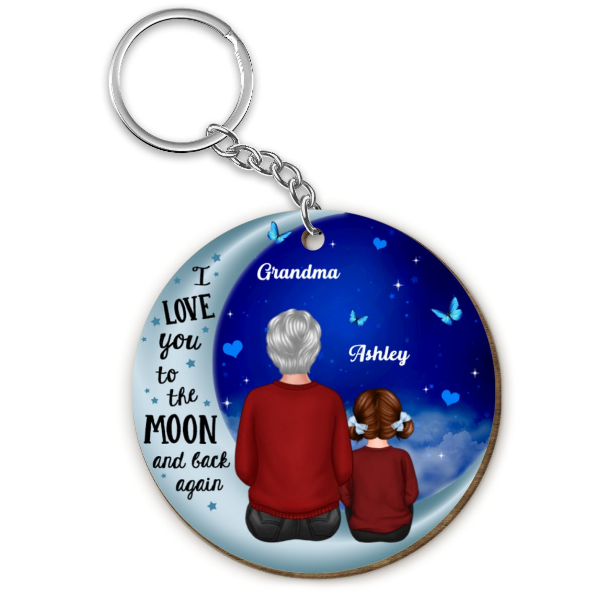 Grandma Grandkid On Blue Moon Gift For Grandma Granddaughter Grandson Personalized Wooden Keychain