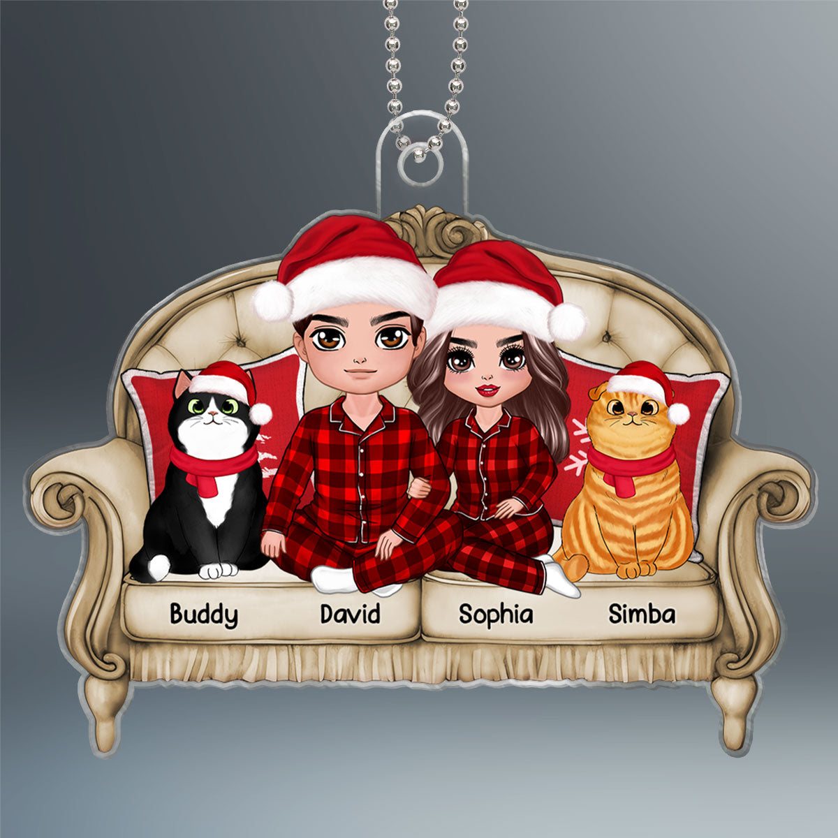 Doll Couple Sitting On Sofa With Cats Personalized Acrylic Ornament