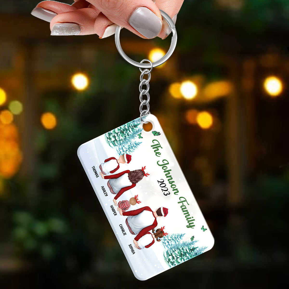 Family Sitting In Snow Christmas Personalized Acrylic Keychain