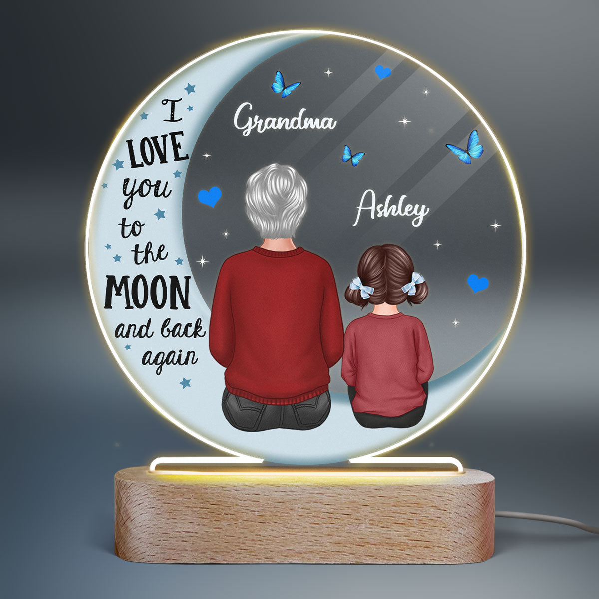 Grandma Grandkids Blue Moon Personalized Circle Plaque LED Night Light - Acrylic LED Lamp - Gift For Grandma