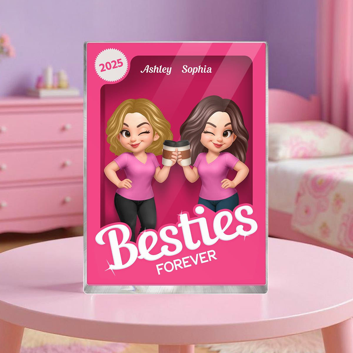 Besties Forever Pink Action Figure 3D Effect - Personalized Acrylic Block Plaque - Gift for Besties, Best Friends