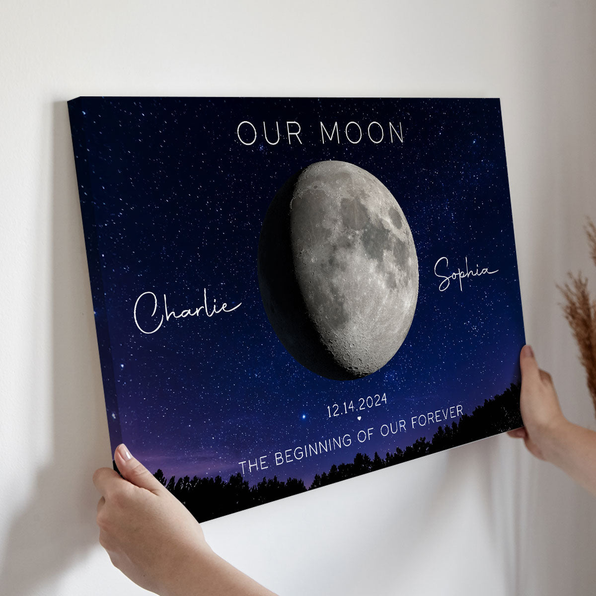 Our Moon Couple Gift Moon Phase Art Anniversary Gift For Wife, Gift for Husband Wedding Gift Personalized Canvas