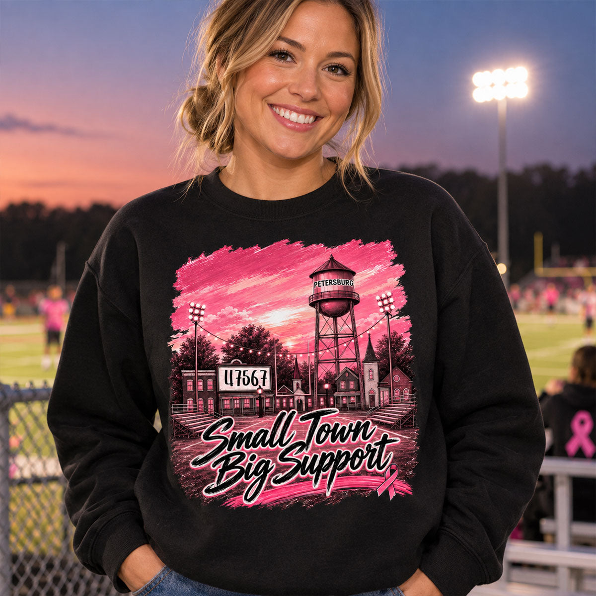 Small Town Big Support Breast Cancer Ribbon Football - Personalized Shirt - Coquette Game Day Mom Tee