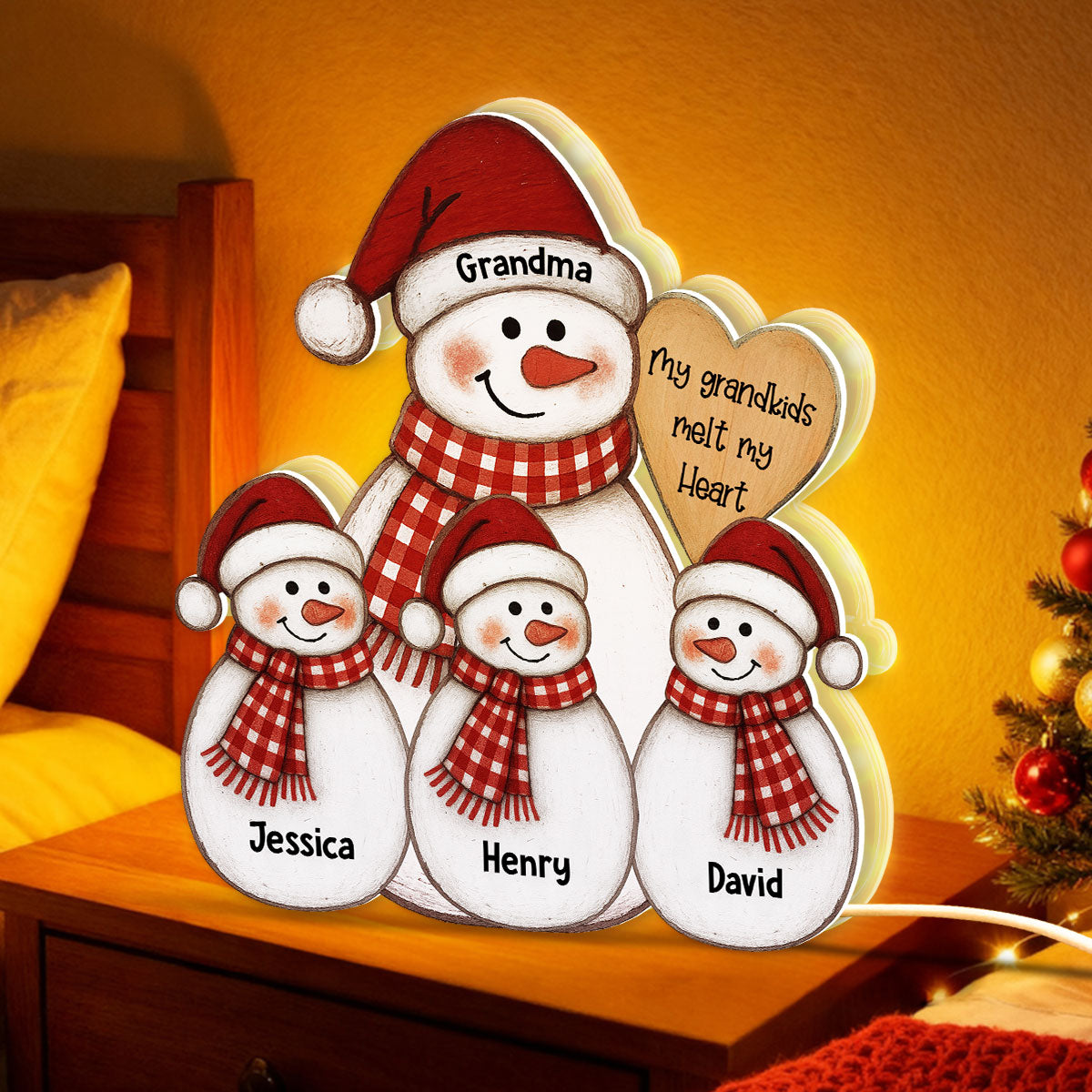 Folk Art Cute Snowman Grandma & Grandkid - Personalized Light Box - Christmas Decor For Grandma