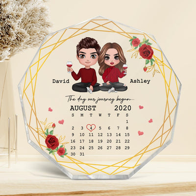 Flower Frame Doll Couple Sitting Calendar Personalized Nonagon Acrylic Plaque - Gift For Him Gift For Her