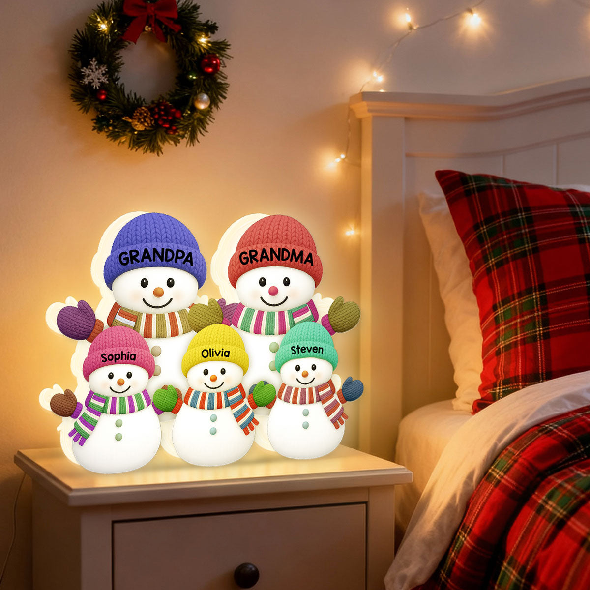 3D Effect Heartwarming Christmas Grandma Grandkids Snowman Together - Personalized Light Box - Gift For Grandmas