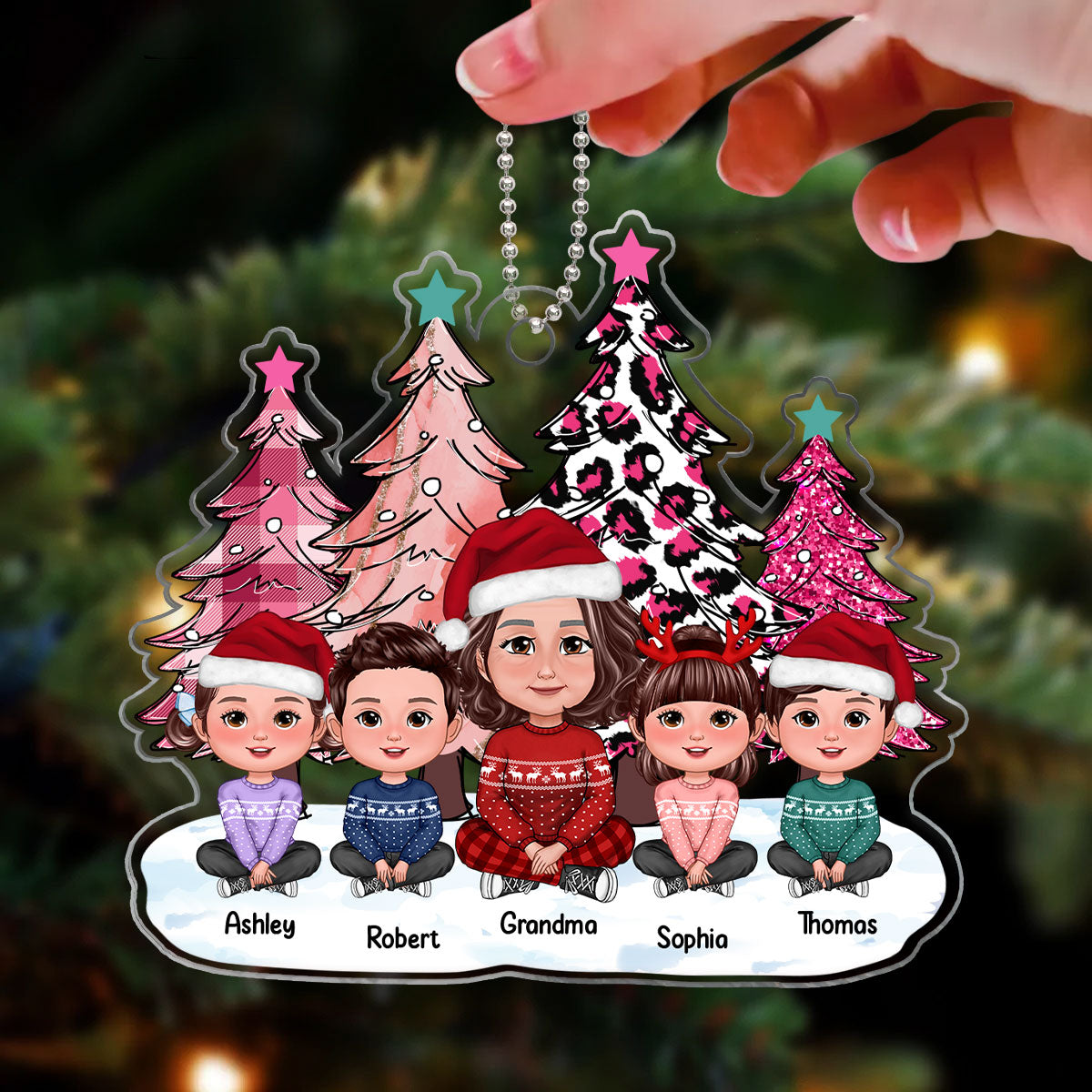 Pink Leopard Checkered Christmas Tree Grandma Grandkids Personalized Acrylic Ornament