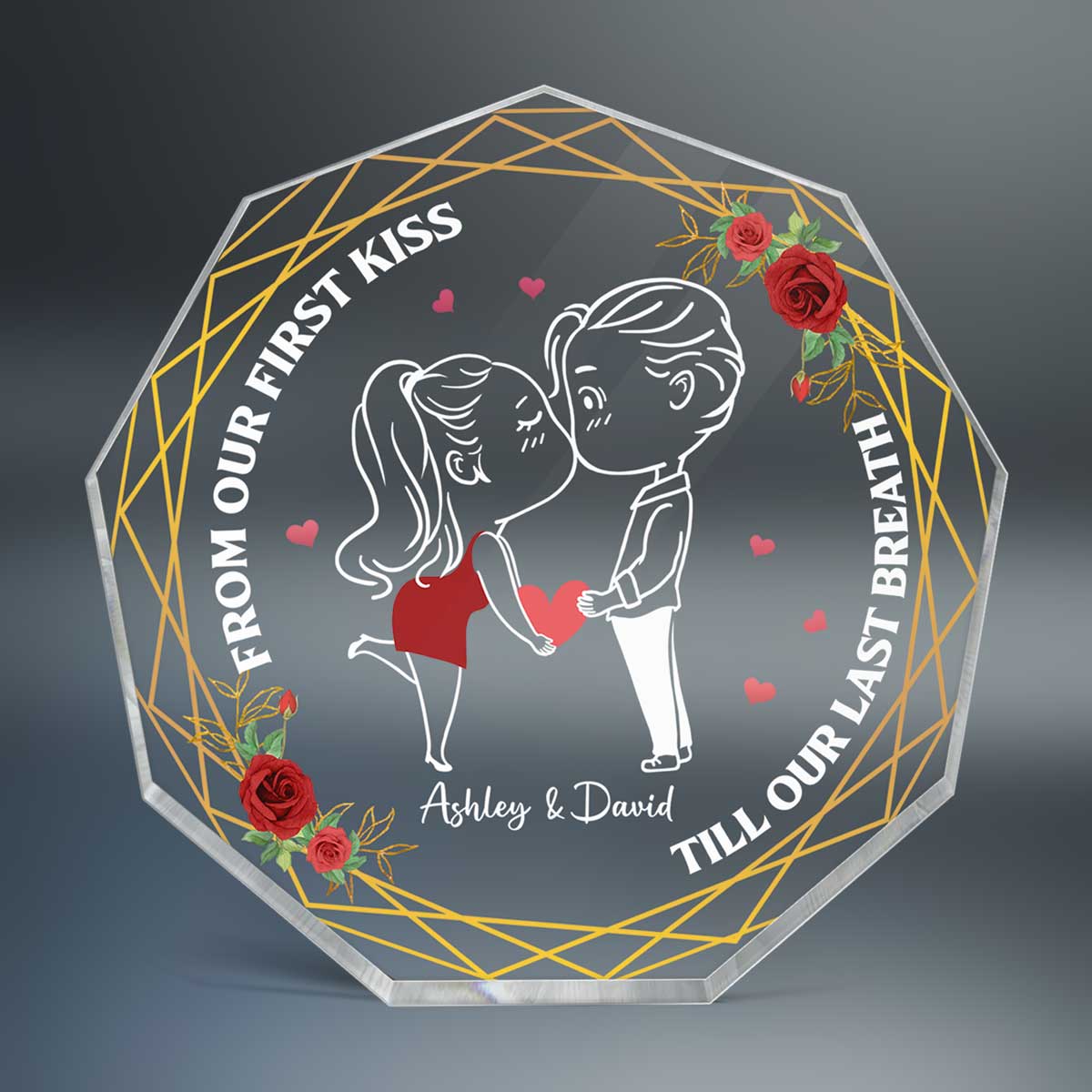 Chibi Couple Kissing Personalized Nonagon Acrylic Plaque - Gift For Him Gift For Her