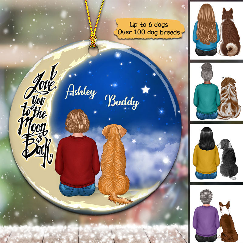 Dog Mom And Dog On Moon Personalized Circle Ornament