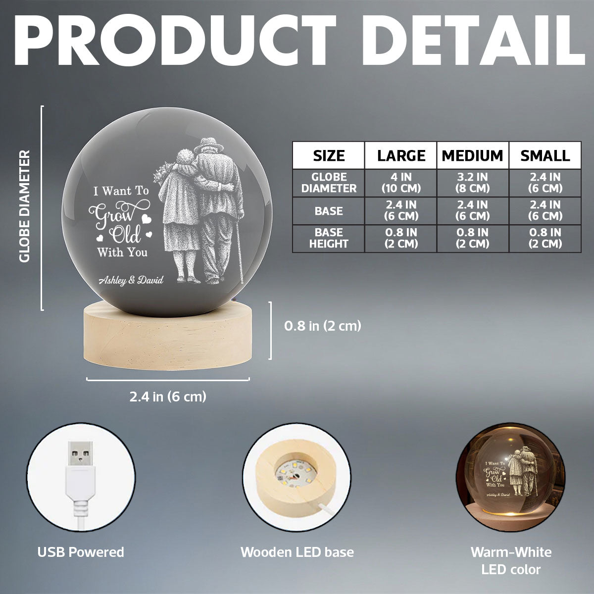 Eternal Love Old Couple Wanna Grow Old With You - Personalized Crystal Ball LED Night Light - Valentine's Day Gift For Couple